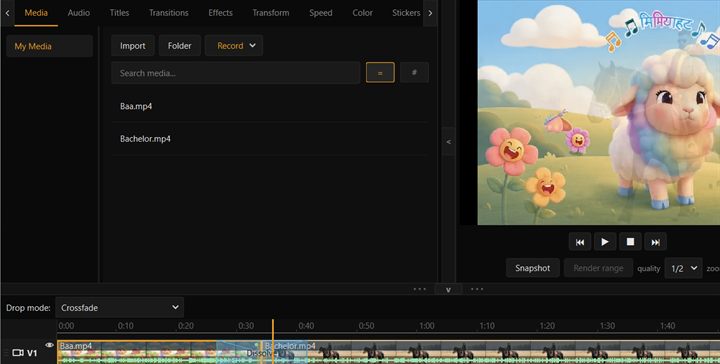The Chalchitraz editor: media panel, preview and timeline